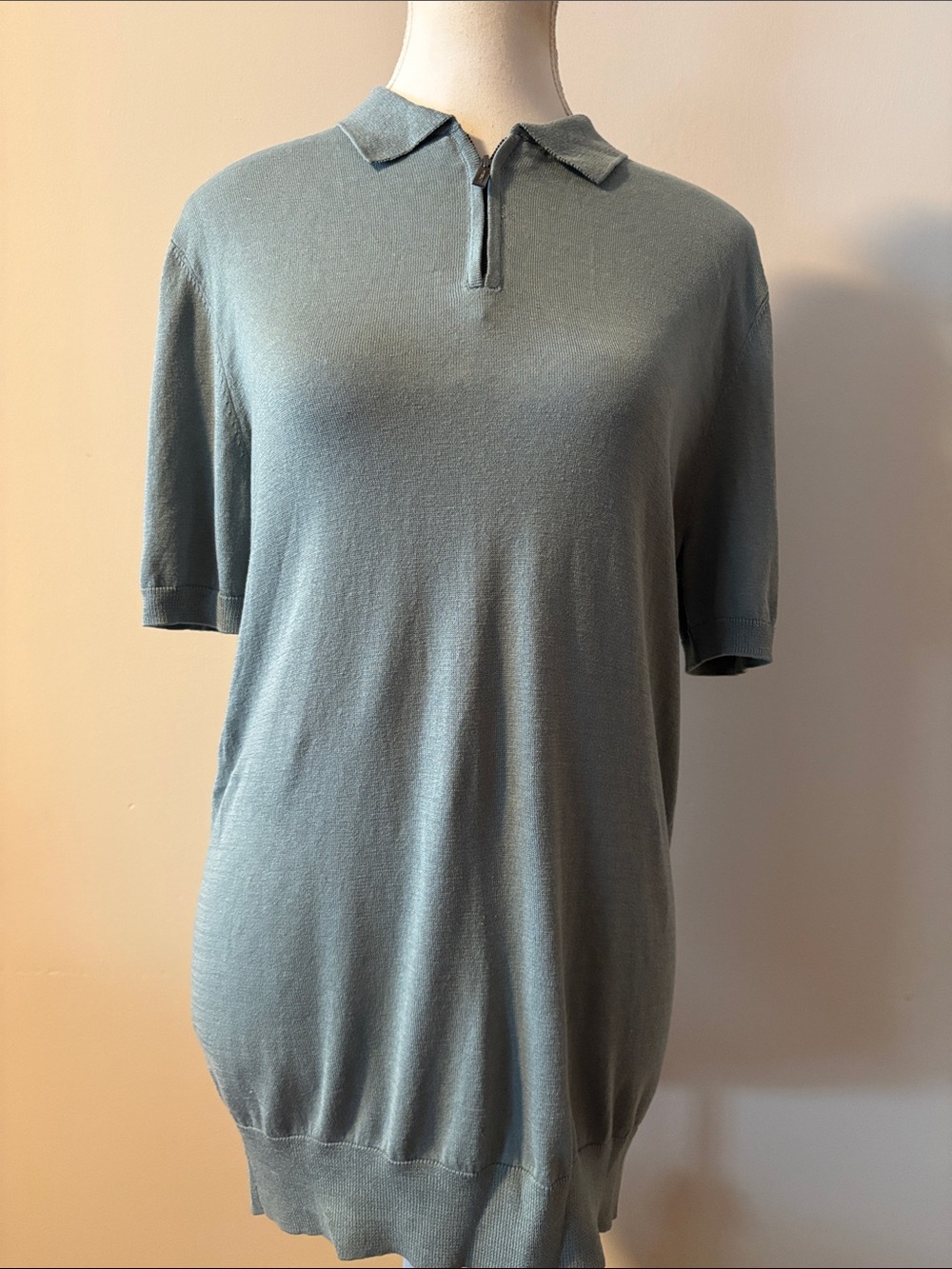 Autograph Silk Cotton Duck Egg Blue Short Sleeve Zip Polo. Size Small